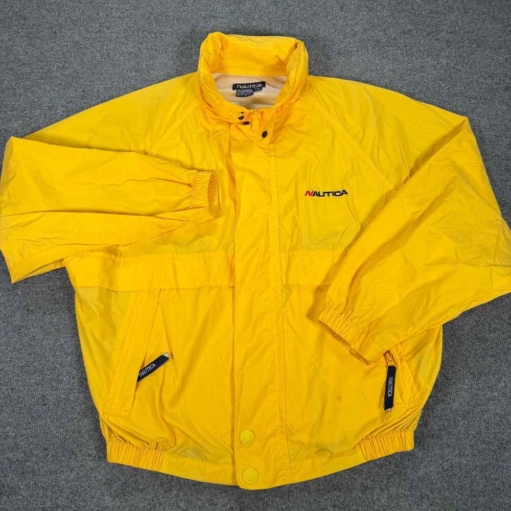 Nautica Mens Vintage Yellow Windbreaker Jacket Stowable Hood Mesh Lined L #4177
